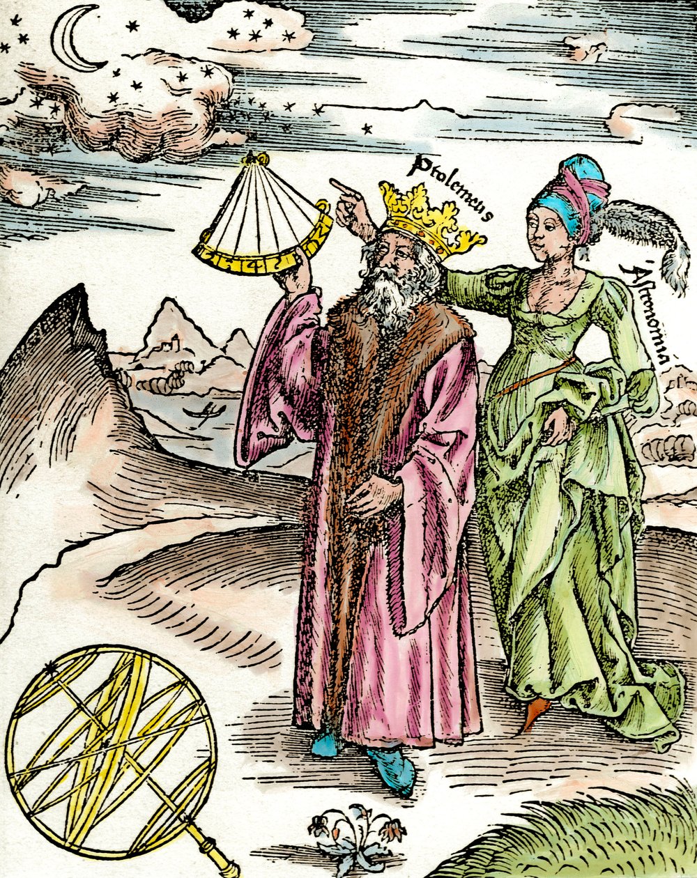 Astronomo greco Claudio Tolomeo con un sestante e astronomia. Incisione del 1503 da Unknown artist