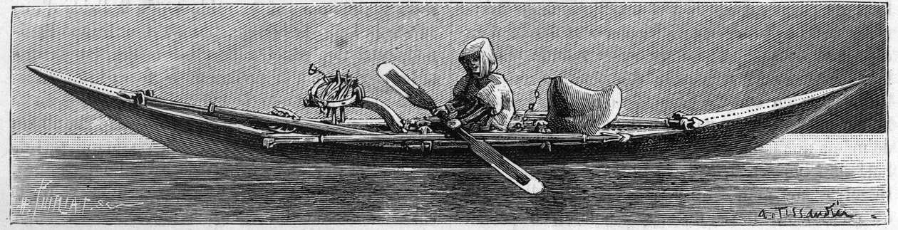 Mostra della Groenlandia alla Società di Geografia, Parigi: Modello di un kayak realizzato dagli Eschimesi. Incisione in "La Nature: revue des sciences et de leurs applications aux arts et a l