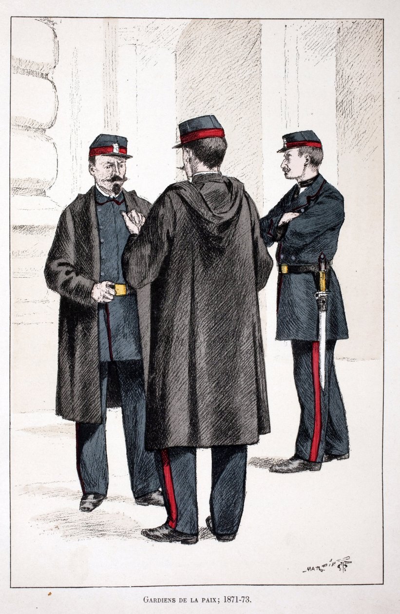Guardiani della Pace (1871-1873). Acquaforte a colori, per illustrazione Histoire du corps des gardiens de la paix, libro pubblicato sotto gli auspici di Louis Lepine, prefetto di polizia della Senna, di Alfred Rey e Louis Feron da Unknown artist