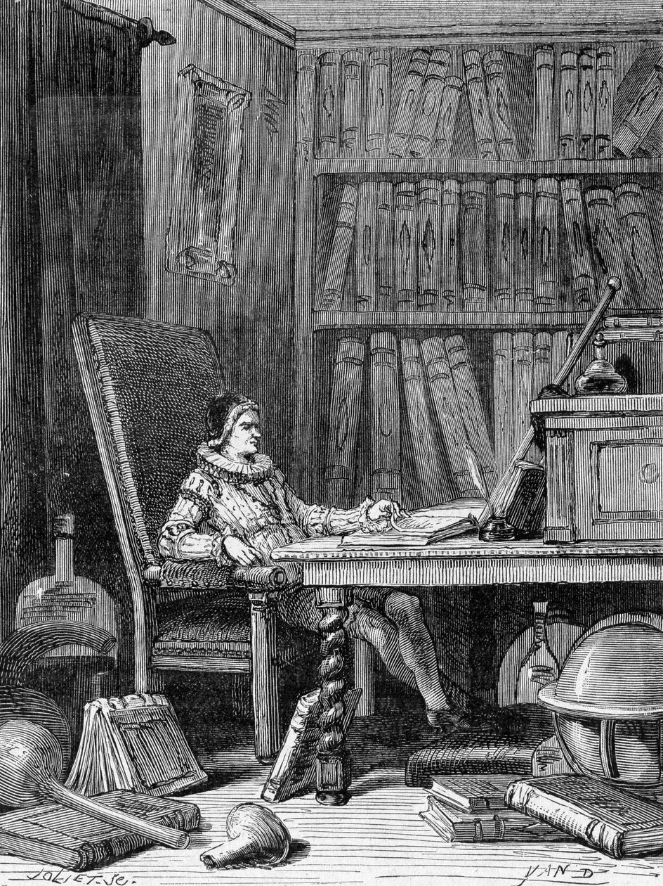 Guillaume Gilbert (1540 - 1603) che scrive il suo trattato "De arte magnetica" intorno al 1600. Incisione del XIX secolo da Unknown artist