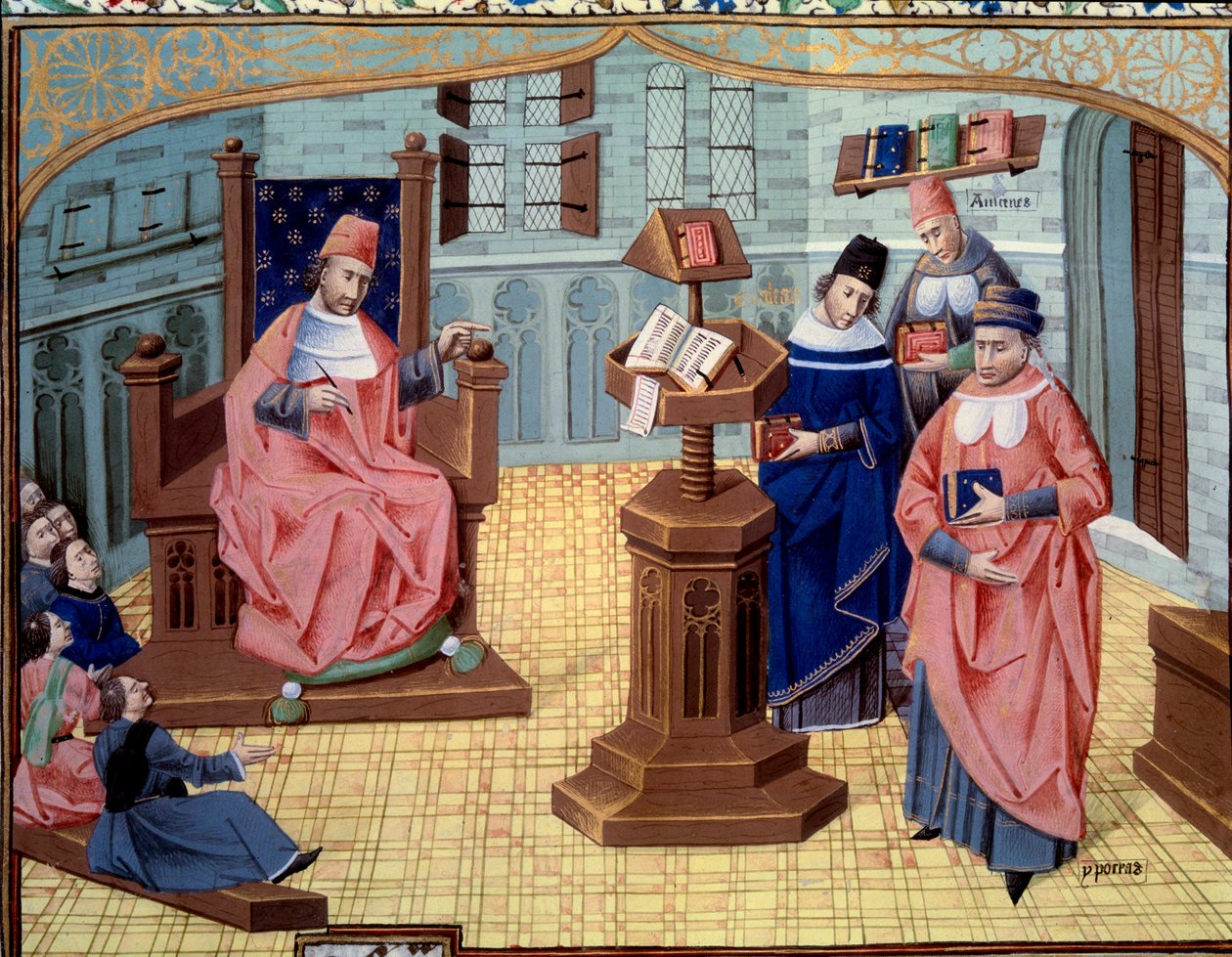 Guy de Chauliac insegnante di chirurgia. Alla sua destra, 6 ascoltatori e alla sua sinistra 3 personaggi che riassumono la storia della medicina: Claudio Galeno, Avicenna, Ippocrate da Unknown artist