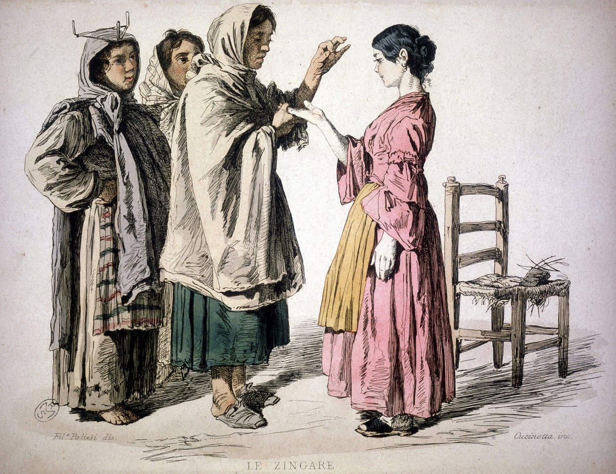 Zingara che legge la mano - in "Costumi del Regno di Napoli", De Bourcard da Unknown artist