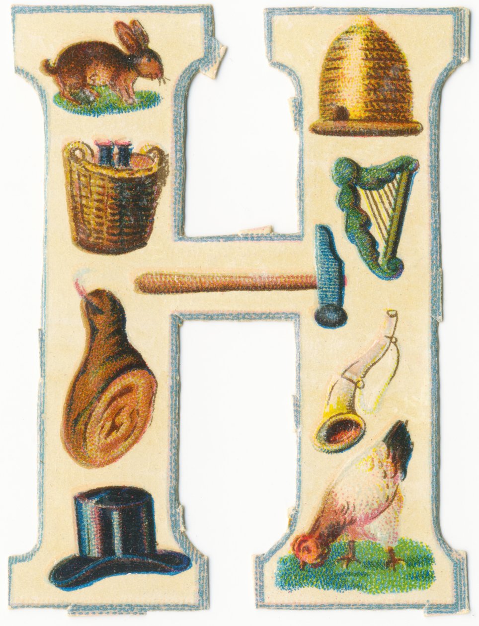 Lepre, alveare, cesto del raccolto, arpa, martello, prosciutto, corno, cappello, gallina da Unknown artist