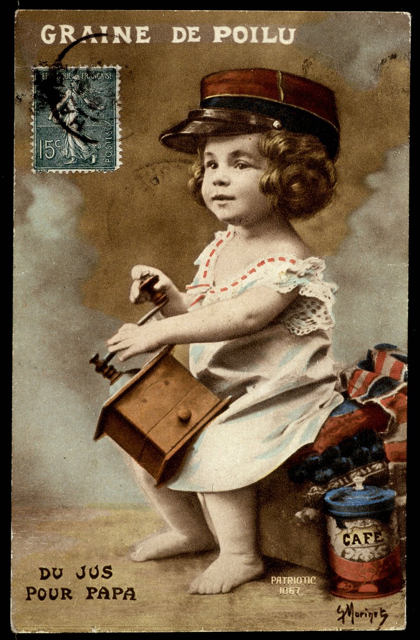 Seme peloso - succo per papà: un bambino che modella il caffè, cartolina postale, sd. inizio XX secolo. da Unknown Artist