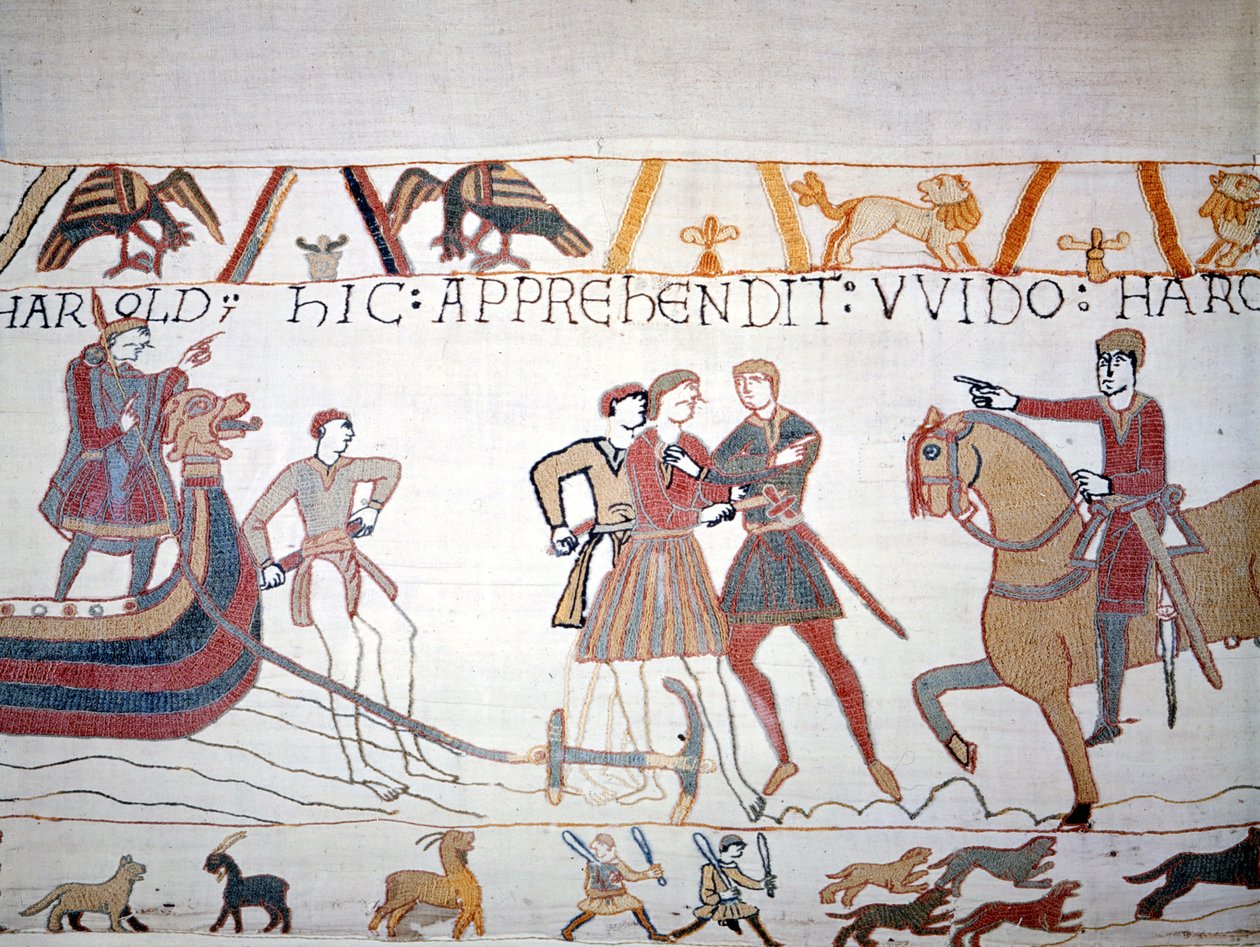 Harold II sbarcò in Normandia dove fu catturato da Guglielmo I il Conquistatore. Arazzo di Bayeux, noto come Ricamo della Regina Matilde da Unknown artist