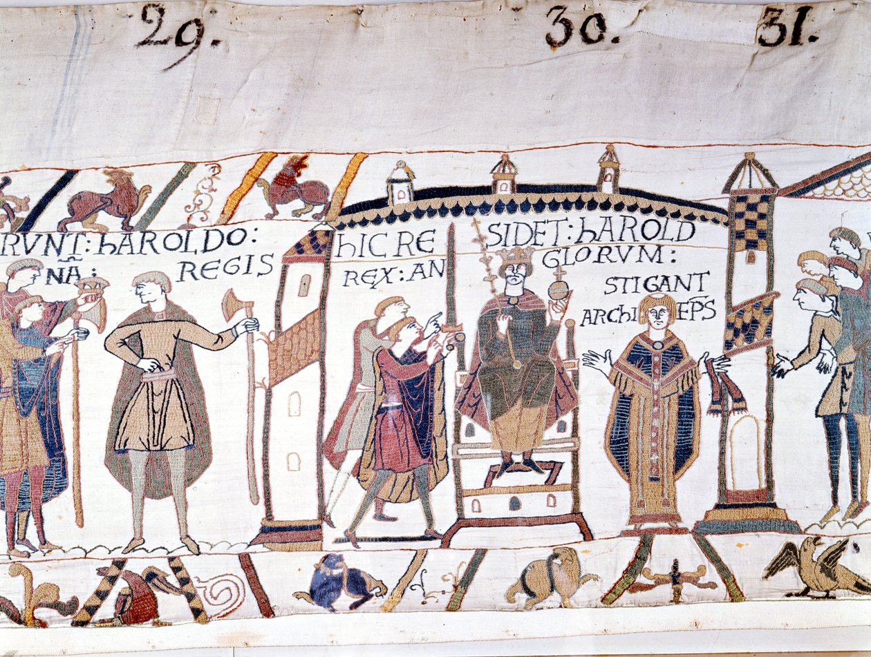 Harold II (1022 - 1066) fu proclamato re alla morte di Edoardo il Confessore nel 1066 ma morì presto nella Battaglia di Hastings. Arazzo di Bayeux o Ricamo della Regina Matilde da Unknown artist
