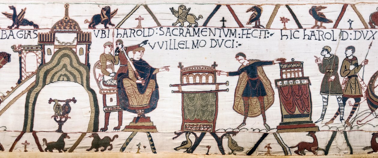 Harold giura un sacro giuramento a Guglielmo a Bayeux, Arazzo di Bayeux da Unknown artist