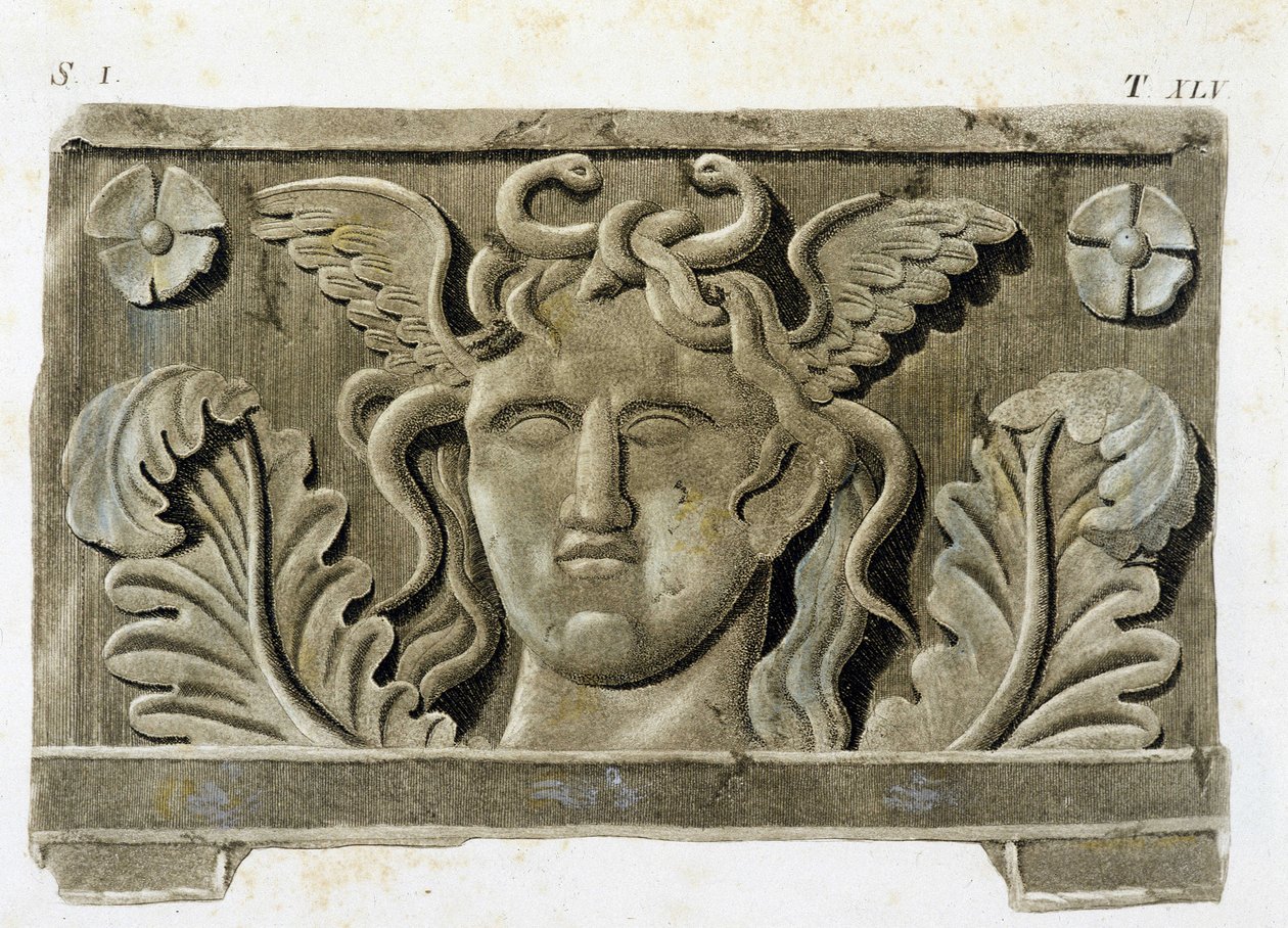 Testa di Medusa, una delle tre Gorgoni, bassorilievo in pietra - in "Monumenti Etruschi" da Unknown artist