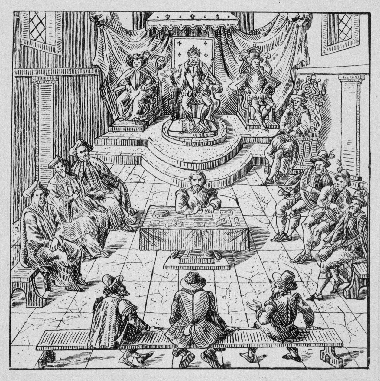 Enrico III (1551 - 1589) che tiene gli Stati Generali a Blois nel 1576 - in "Collezione di 39 figure che rappresentano le calamità della Francia dal 1562 al 1586"; Louis Perrin imprimerie da Unknown artist
