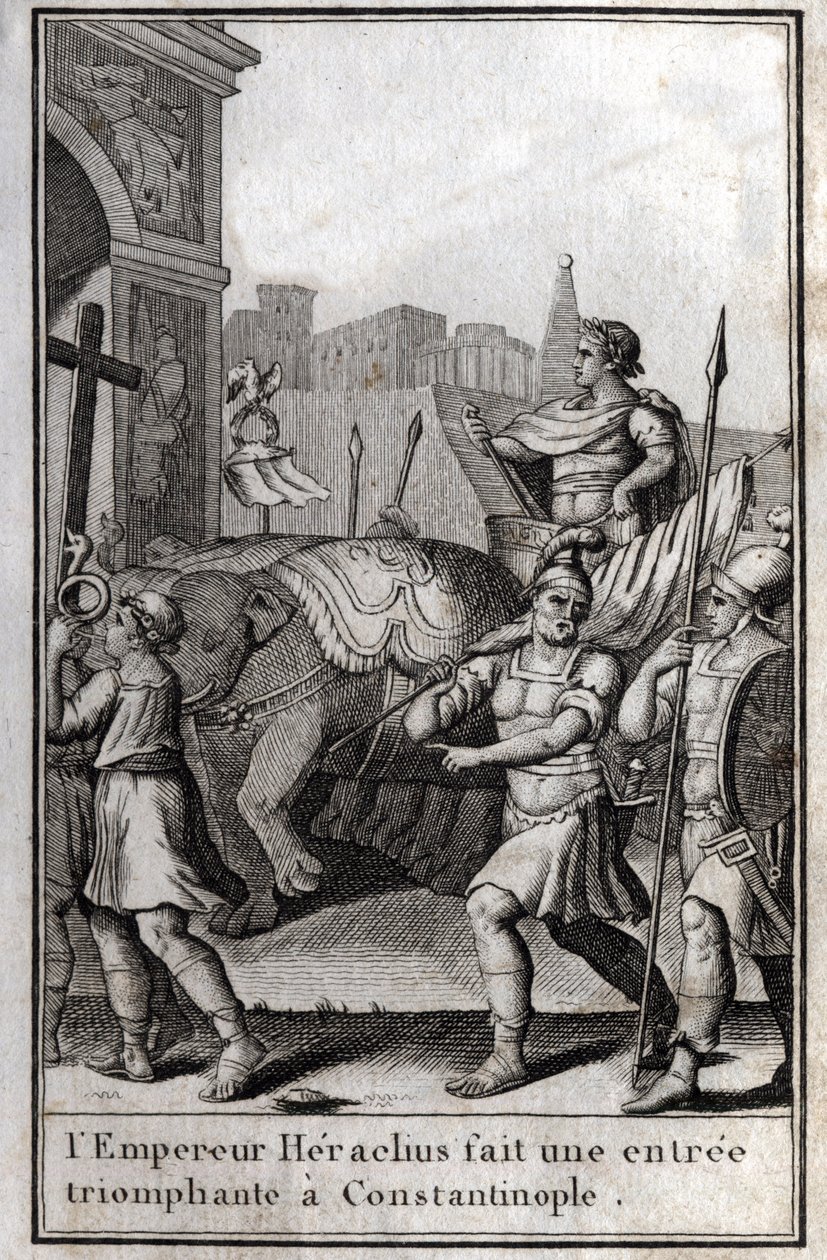 Eraclio I (Flavio Eraclio, Herakleios) (circa 575-610/641), imperatore bizantino, fa un ingresso trionfale a Costantinopoli. Salì su un carro trainato da quattro elefanti e portò davanti a sé la Vera Croce (Santa Croce) che era stata presa da da Unknown artist