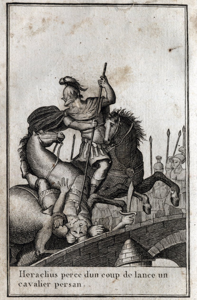 Eraclio I, imperatore bizantino, trafigge un cavaliere persiano (guerra contro i Persiani), VII secolo. Incisione in 