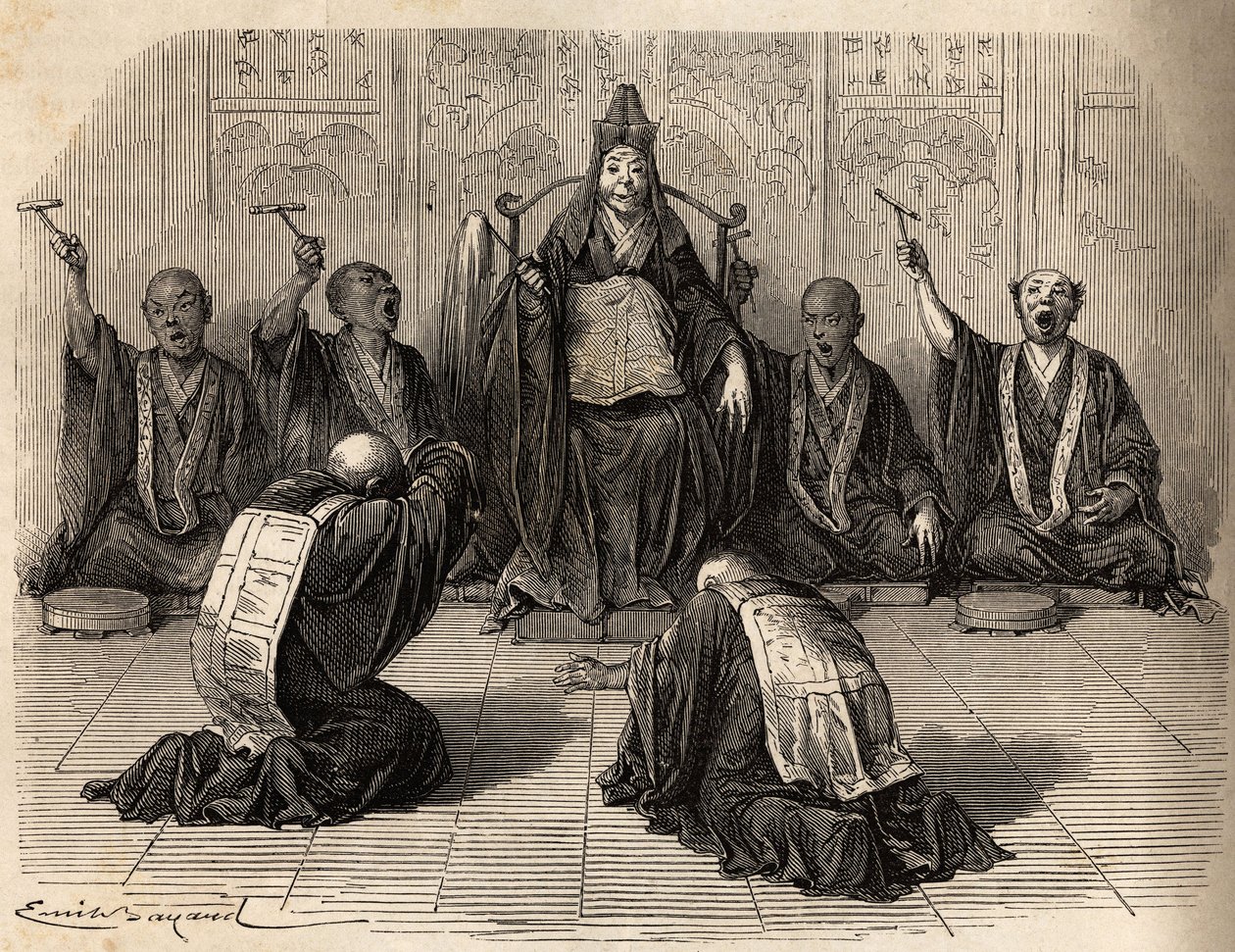 Alto sacerdote buddista adorato, circondato dai suoi discepoli che ritmano il rituale con gong e cembali. Incisione per illustrare il viaggio in Giappone nel 1863-1864, di Aime Humbert, ministro della Confederazione Svizzera, in “Le tour du monde, nouveau  da Unknown artist