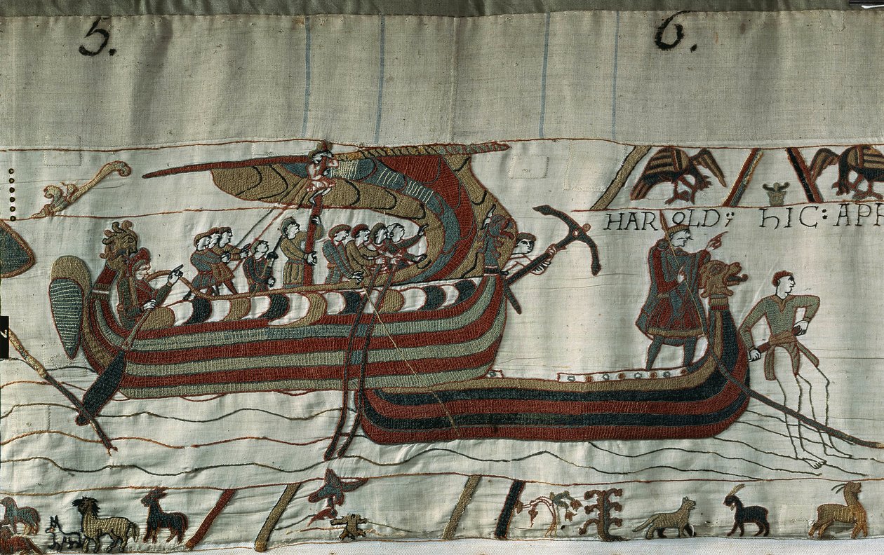 Dirottato dalla tempesta, la nave di Harold II (1022 - 1066) (un drakkar) arenata sulla costa di Ponthieu - Arazzo di Bayeux, noto come Ricamo della Regina Matilde da Unknown artist