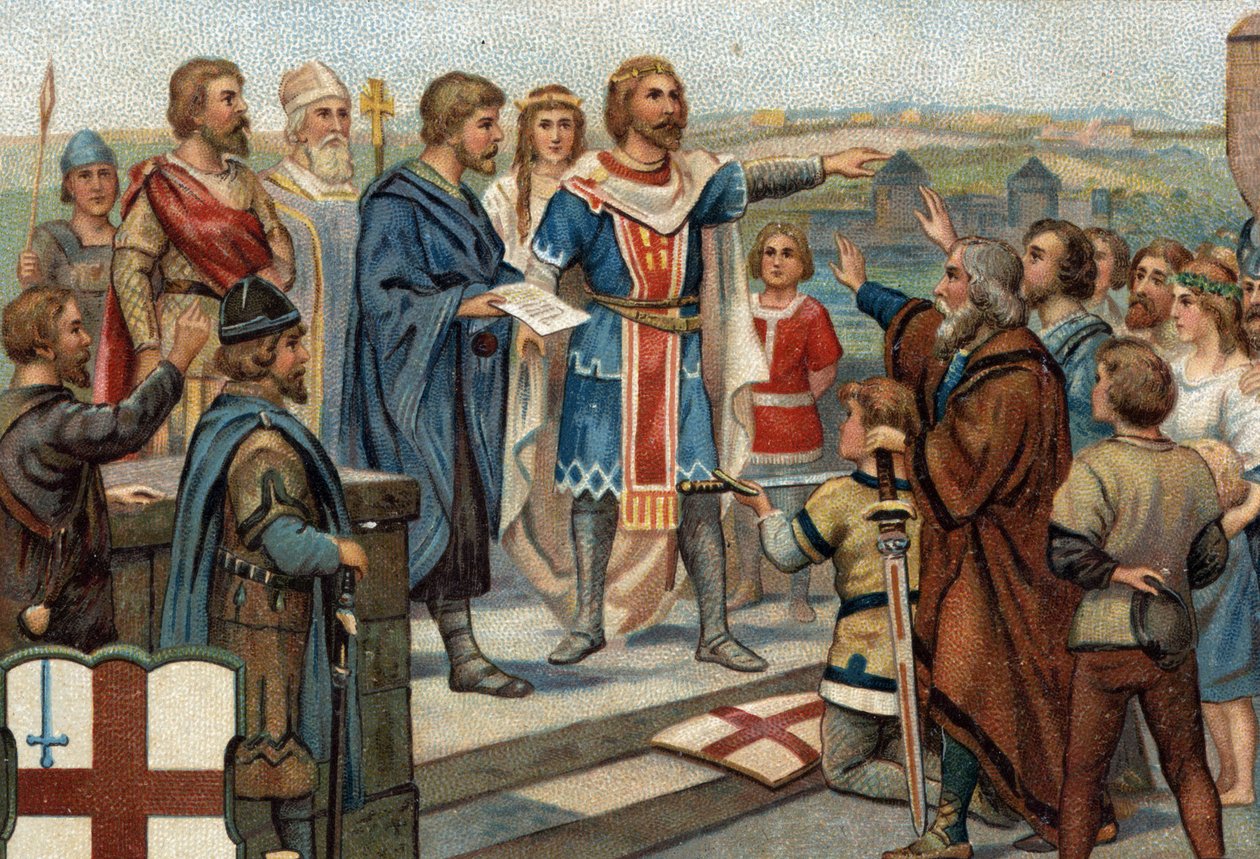 Episodi storici di città famose: Alfredo il Grande (849-899) restituisce Londra ai suoi abitanti (886), la "Pace di Alfredo e Guthrum" segnò la vittoria degli anglosassoni contro i danesi (vichinghi). Cromolitografia del XIX secolo da Unknown artist