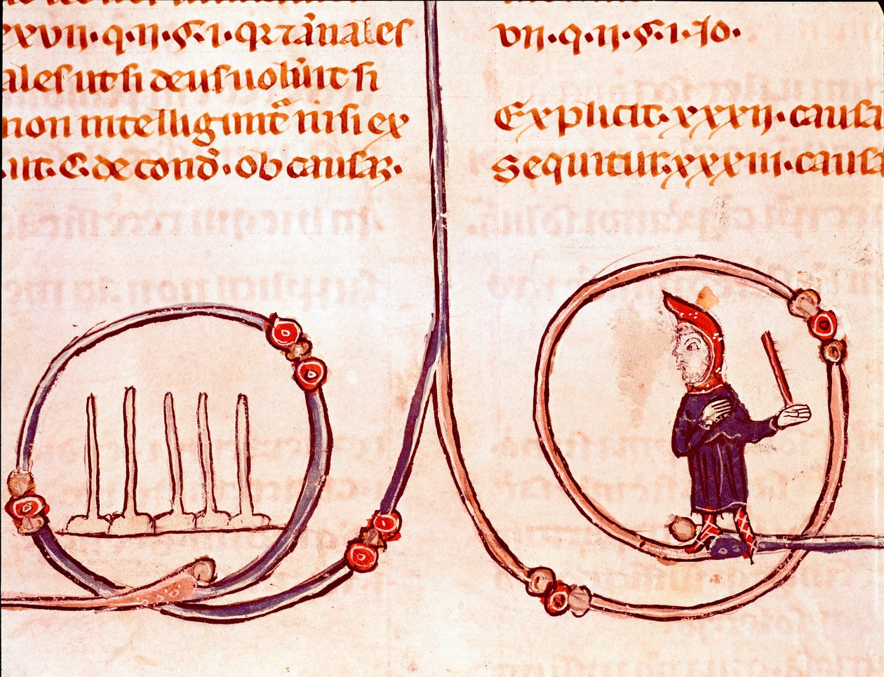 Storia del diritto canonico: il gioco delle bocce. Miniatura tratta dal "Decreto di Graziano" (Concordia discordantium canonum o Decretum Gratiani) datato 1140 e regolante le leggi e i canoni della Chiesa cattolica romana. 13° secolo Laon da Unknown artist