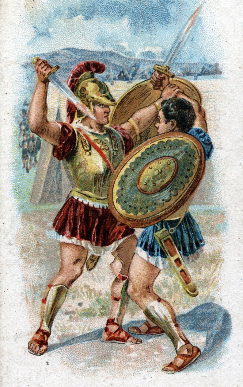 Storia della vita di Achille, eroe leggendario della Guerra di Troia: Achille combatte Ettore per vendicare la morte di Patroclo. Cromolitografia del 1890. da Unknown artist