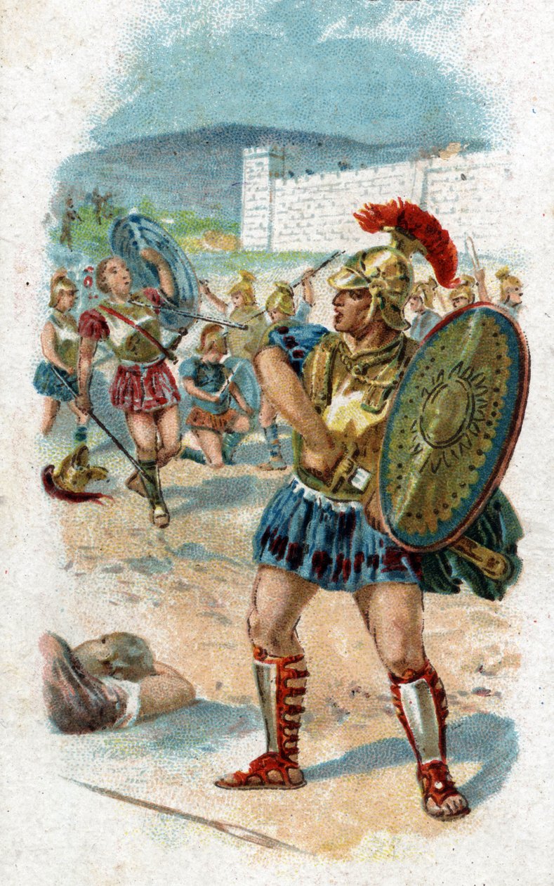 Storia della vita di Achille, eroe leggendario della guerra di Troia: Patroclo ottiene il permesso da Achille di salvare i Greci portando le sue armi. Sarà ucciso da Ettore, che prende le armi di Achille come bottino. Cromolitografia del 1890 da Unknown artist