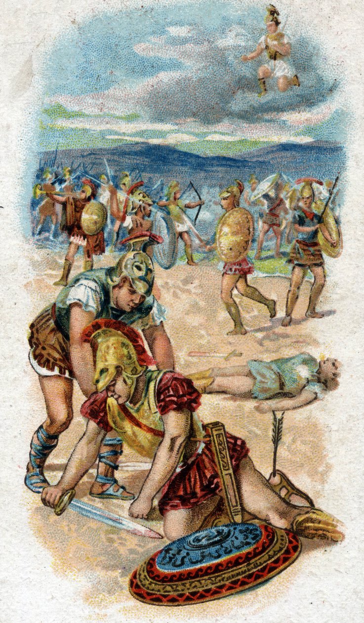 Storia della vita di Achille, eroe leggendario della Guerra di Troia: morte di Achille, ai piedi delle mura di Troia, colpito al tallone da una freccia scoccata da Paride. Cromolitografia del 1890 da Unknown artist