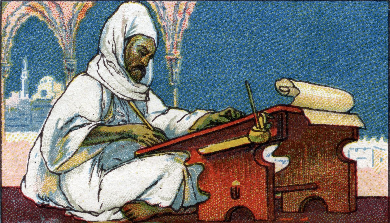 Storia della scrittura: uno scriba musulmano che scrive in arabo, inizio del XX secolo (cromo) da Unknown Artist