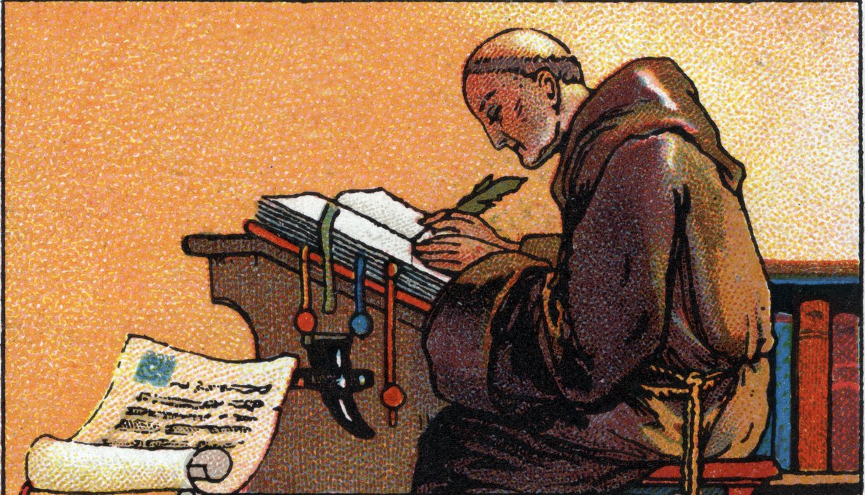 Storia della scrittura: un monaco copista che copia manoscritti nel Medioevo, inizio del XX secolo (cromo) da Unknown Artist