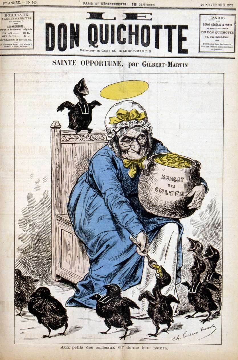 Santa Opportuna e il bilancio dei culti: ai piccoli corvi dà il loro pasto - in "Le Don Quixote" del 24/11/1882 da Unknown artist