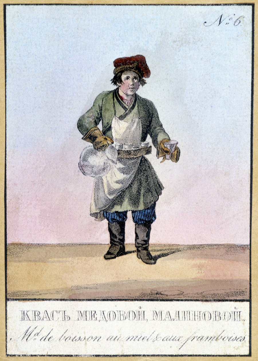 Venditore di bevande al miele e lampone in Russia nel XIX secolo. Illustrazione del XIX secolo da Unknown artist