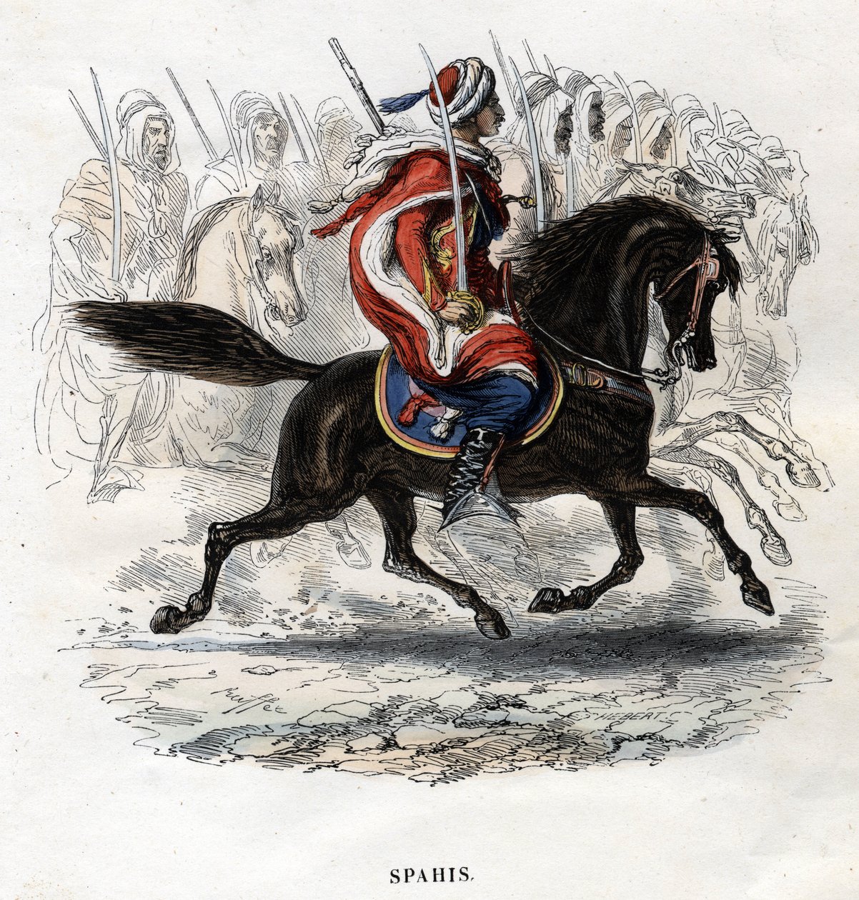 Spahis a cavallo. Incisione del 1844 da Unknown artist