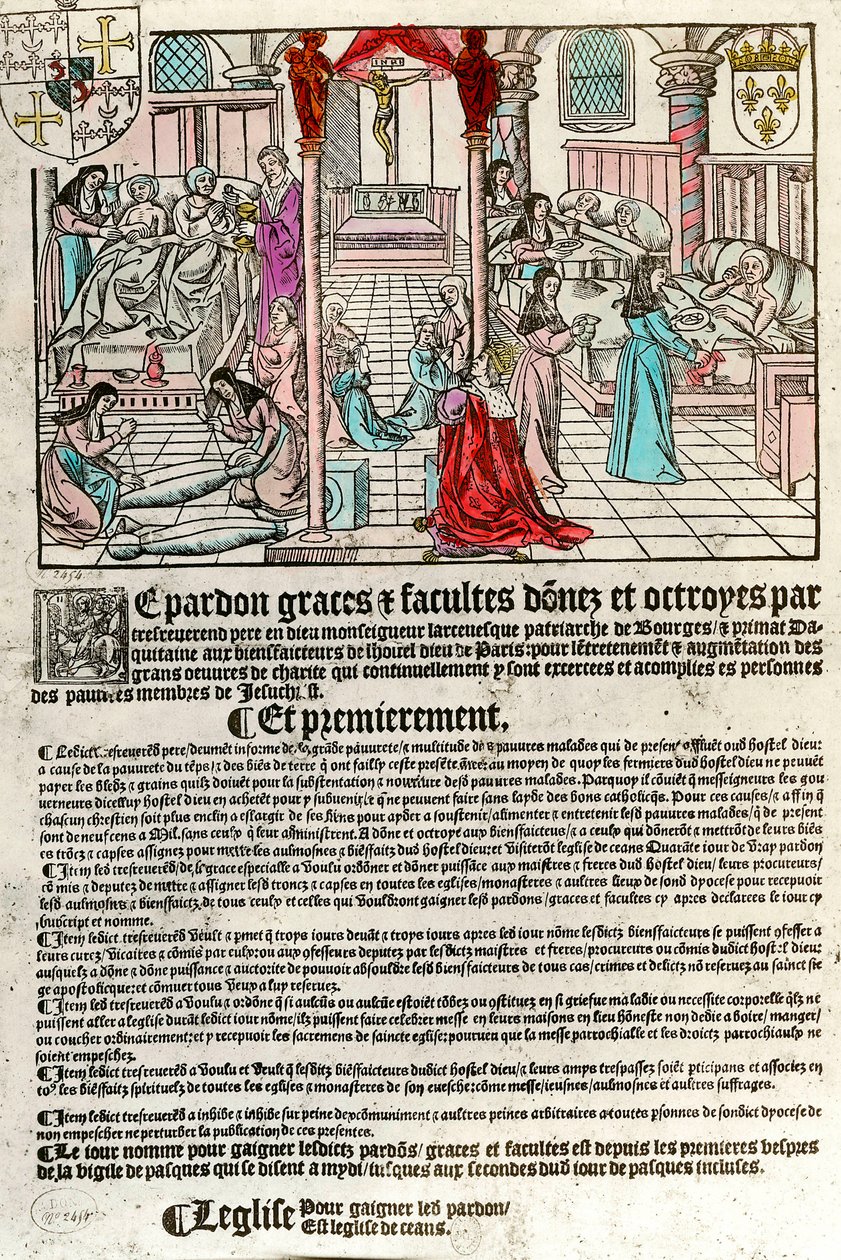 Ospedale nel XVI secolo: Lettera di indulgenza (Destra: scena di ospedale. Sinistra: morenti e morti). Incisione del XVI secolo. Collezione privata. da Unknown artist