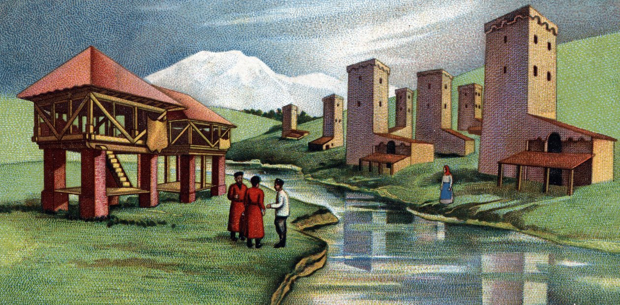 Case con torri fortificate, Caucaso occidentale, Unione Sovietica (URSS) (Case con torri fortificate, Caucaso occidentale, Unione Sovietica) Cromolitografia del 1930 Collezione privata da Unknown Artist
