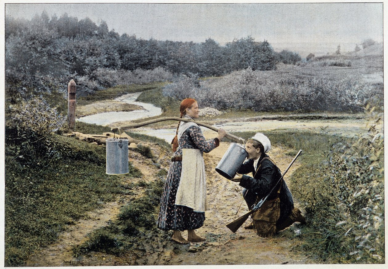 Cacciatore e ragazza alla fontana (Russia) - fotografia, fine XIX secolo da Unknown artist