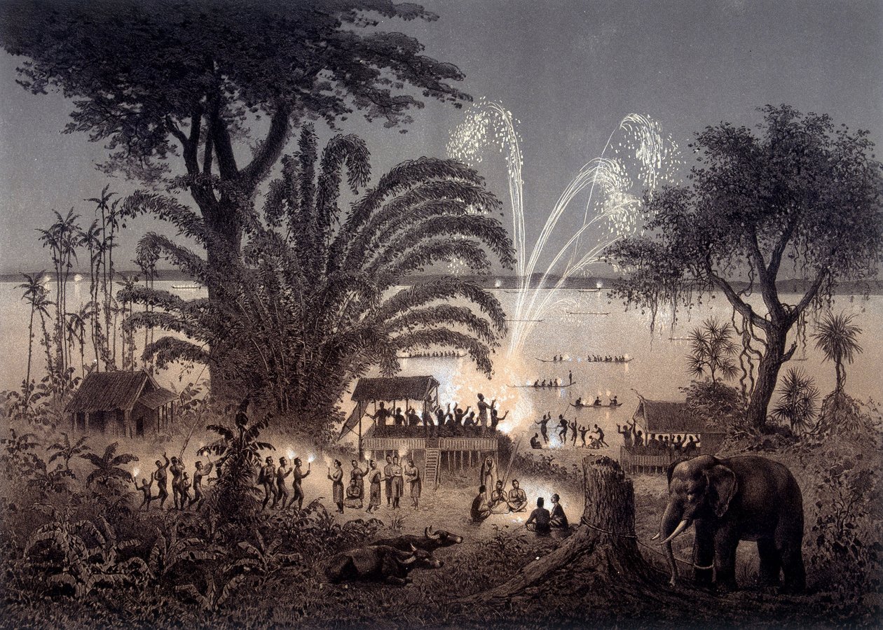Illuminazione del Fiume durante il Festival di Bassac, Laos Siamese. In "Atlante del Viaggio di Esplorazione in Indocina svolto negli anni 1866-1868" pubblicato sotto la direzione di F. Garnier 1873 da Unknown artist
