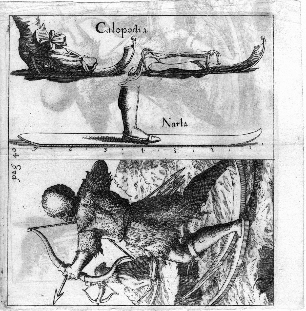 Tavola illustrata che rappresenta un vecchio tipo di sci. Incisione della fine del XVII secolo da Unknown artist