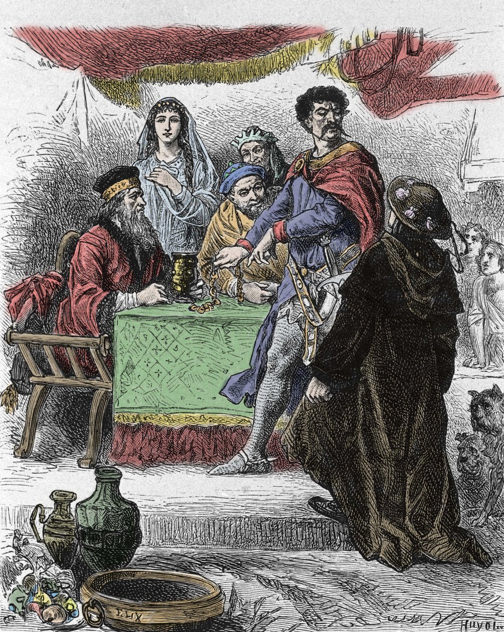 Illustrazione per "Ivanhoe" di Walter Scott (1771-1832), scrittore scozzese: Ivanhoe è sfidato dal cavaliere sassone Brian de Bois Guilbert. da Unknown artist