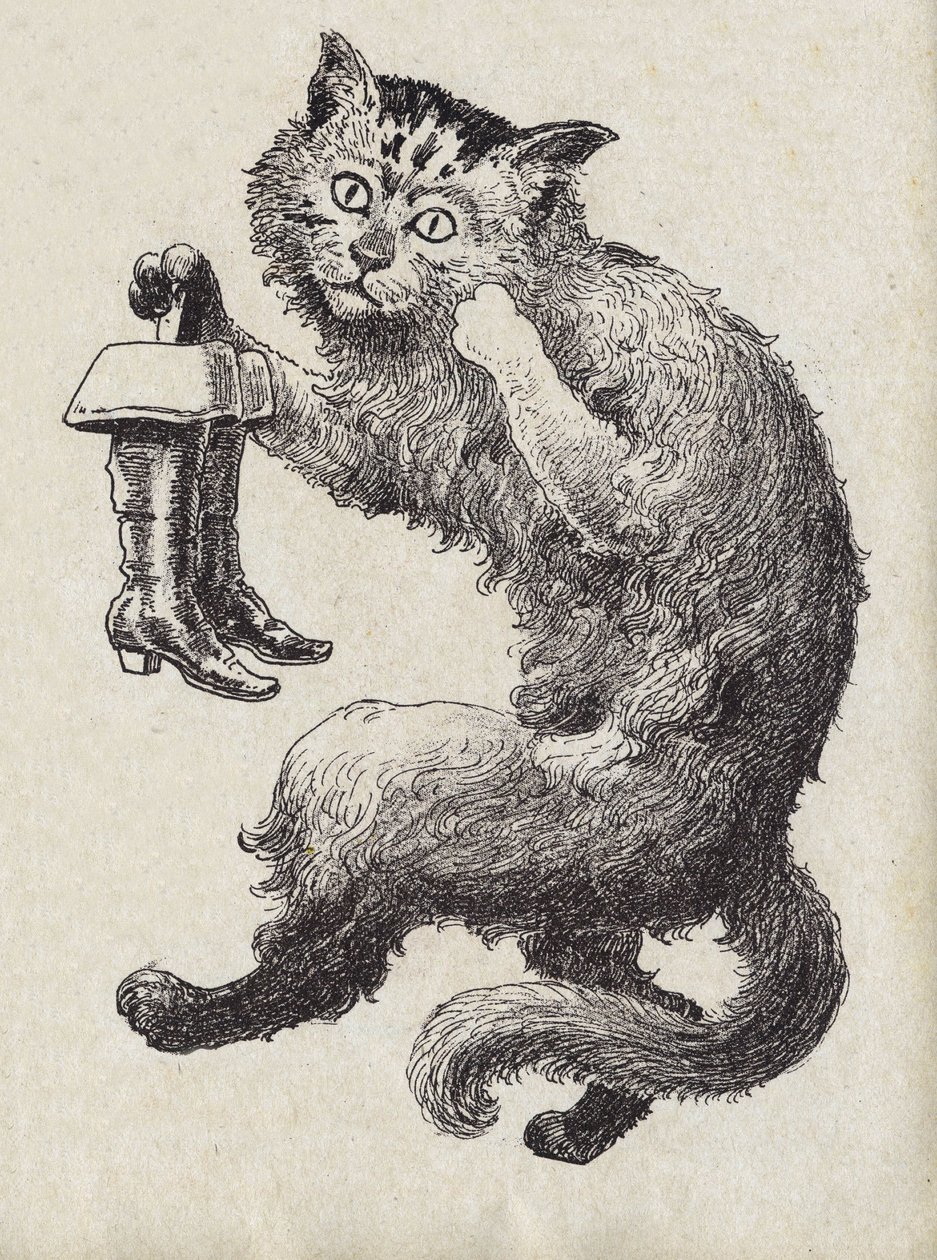 Illustrazione per "Il gatto con gli stivali" di Charles Perrault (1628-1703), scrittore francese. Illustrazione anonima. Immagini di Marcel Vagne, Jarville Nancy, senza data (fine XIX secolo) da Unknown artist