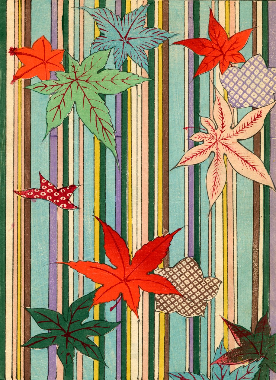 Illustrazione di foglie autunnali su uno sfondo a strisce da Unknown artist