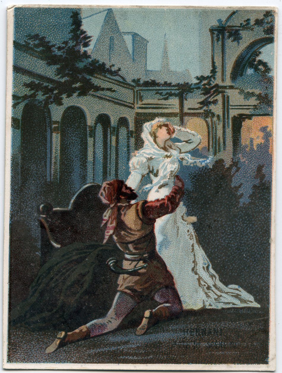 Illustrazione di "Ernani" del compositore italiano Giuseppe Verdi (1813-1901), atto 2, scena IV opera creata nel 1844 dopo la tragedia "Hernani" di Victor Hugo. Cromolitografia della fine del XIX secolo da Unknown artist