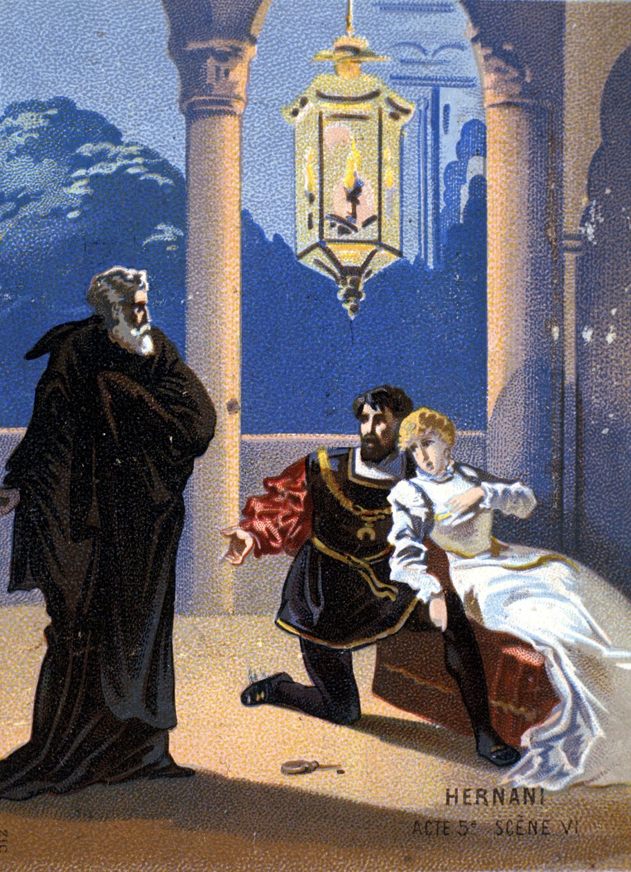 Illustrazione di "Ernani" del compositore italiano Giuseppe Verdi (1813 - 1901), atto V, scena 6, opera creata nel 1844 dopo la tragedia di Victor Hugo "Hernani". Cromolitografia della fine del XIX secolo da Unknown artist