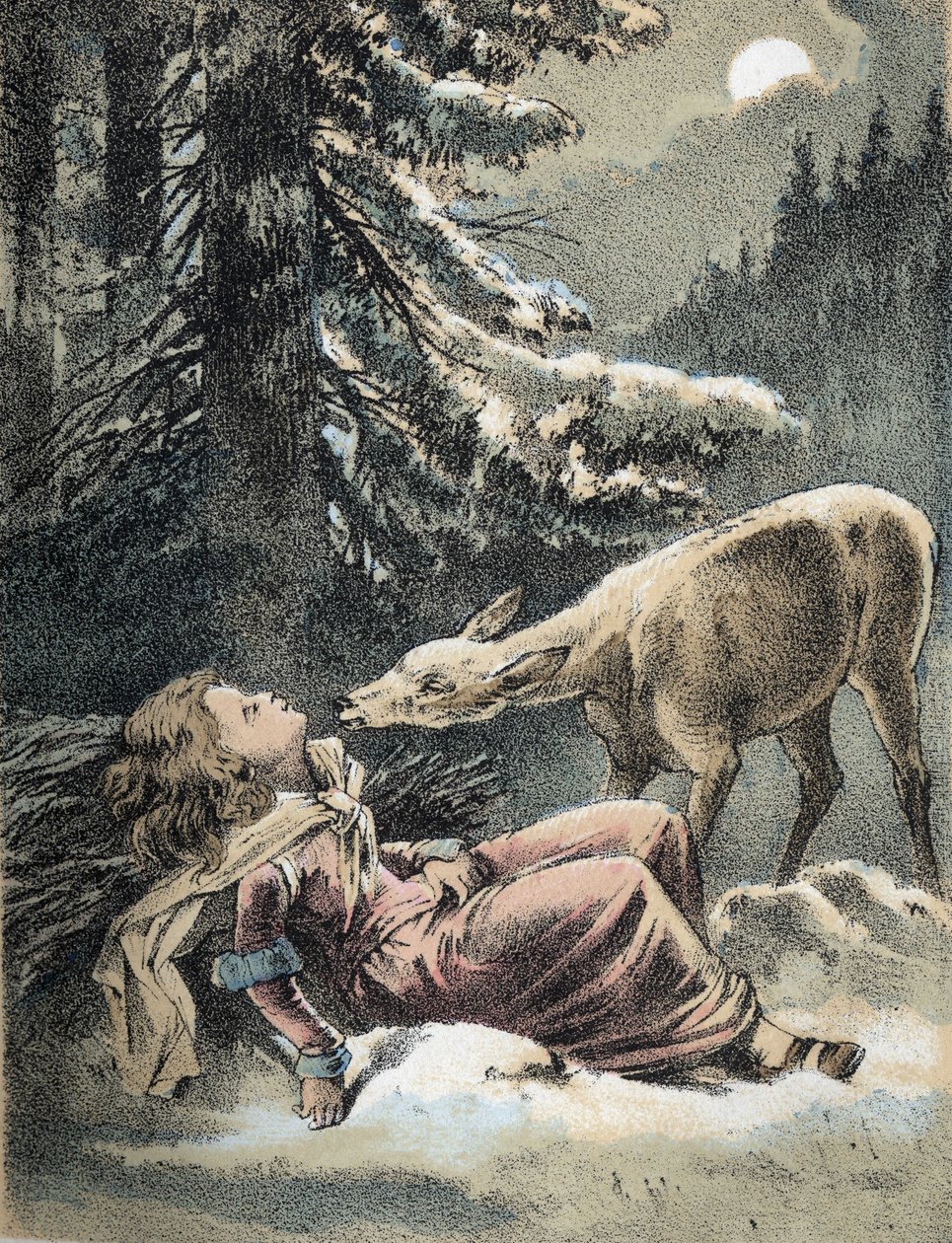 Illustrazione dei racconti di Franz Hoffmann "Racconti e Favole - Von Weifshändchen und breitfüßchen": una ragazza svenuta nella neve e un cervo. Cromolitografia del XIX secolo da Unknown artist