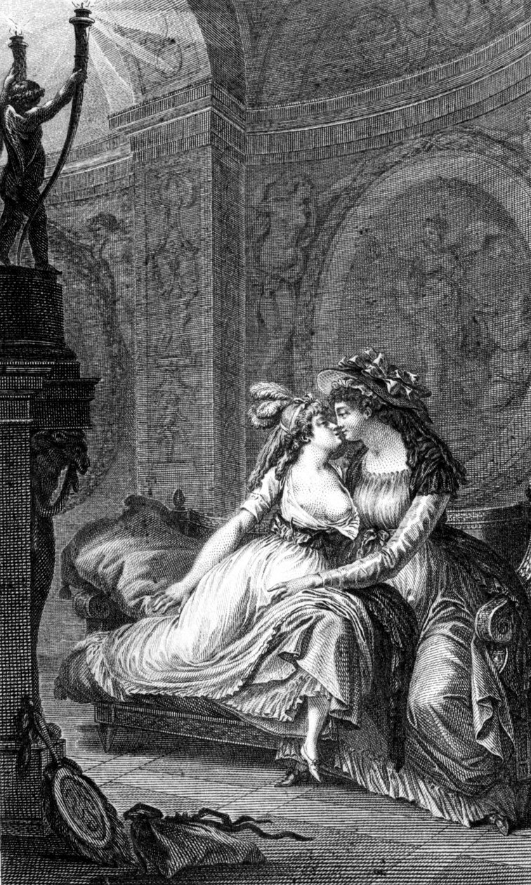 Illustrazione di "Le relazioni pericolose" di Choderlos de Laclos (1741 - 1803): scena di libertinaggio tra due donne. da Unknown artist