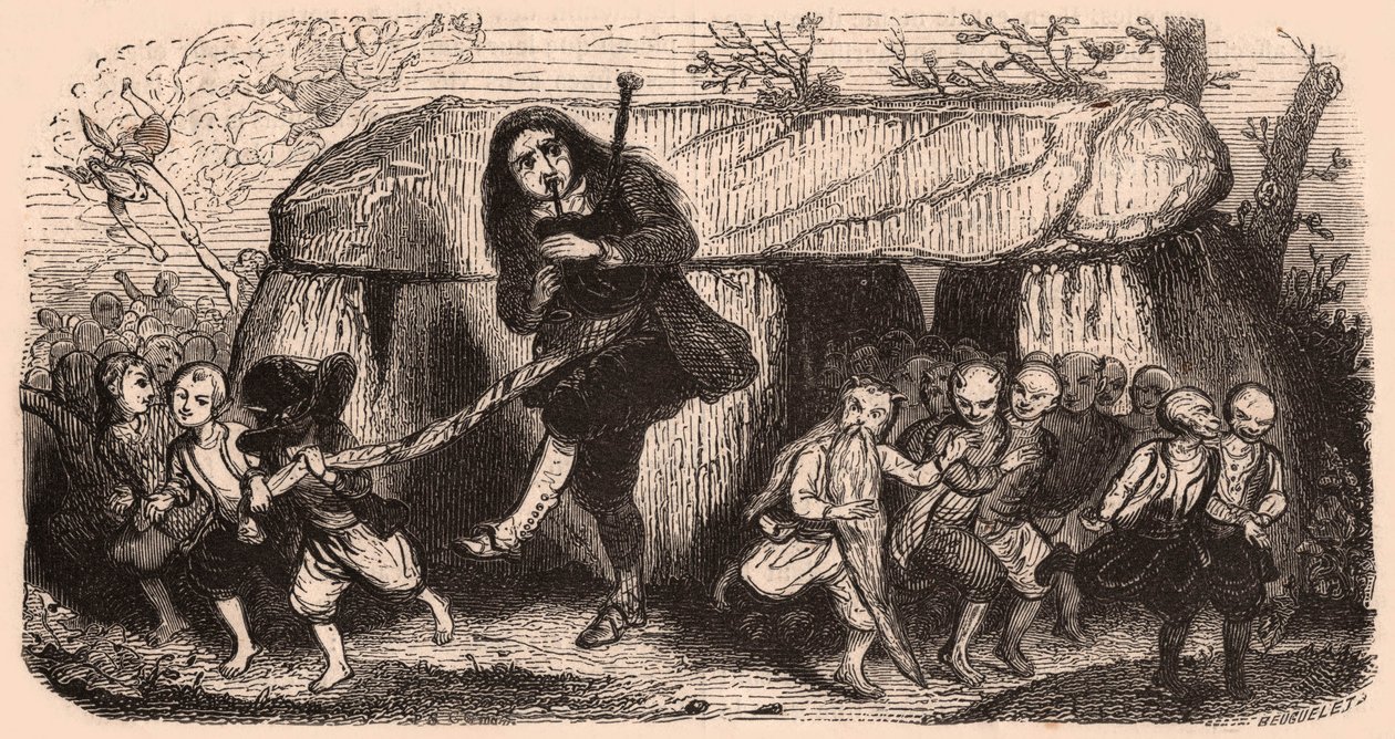 Illustrazione di una leggenda secondo le tradizioni bretoni: il suonatore di cornamusa Lao e folletti che danzano davanti a un dolmen da Unknown