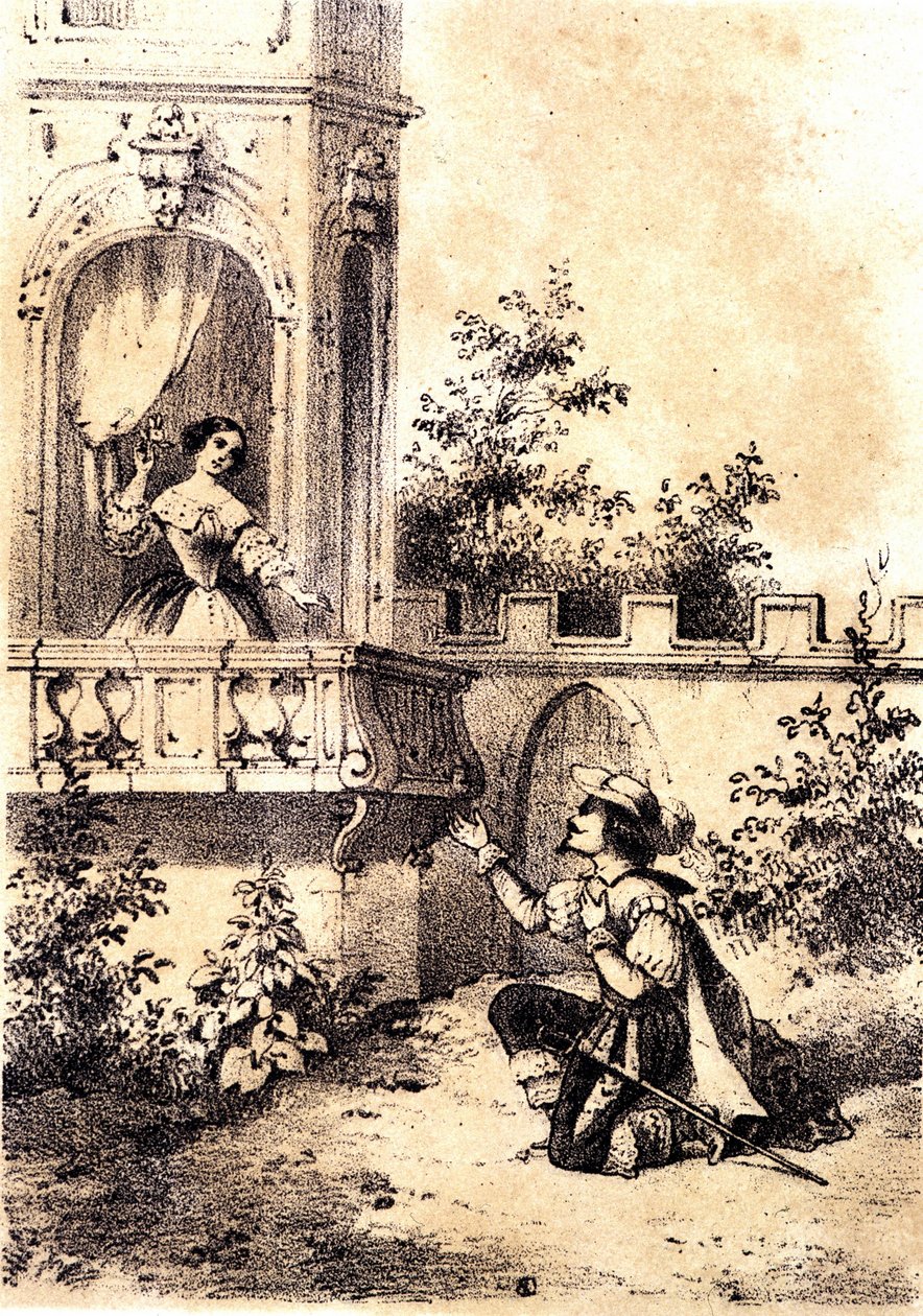 Illustrazione della canzone “Il re ha fatto battere il tamburo”: un uomo dichiara il suo amore a una donna alla sua finestra da Unknown artist