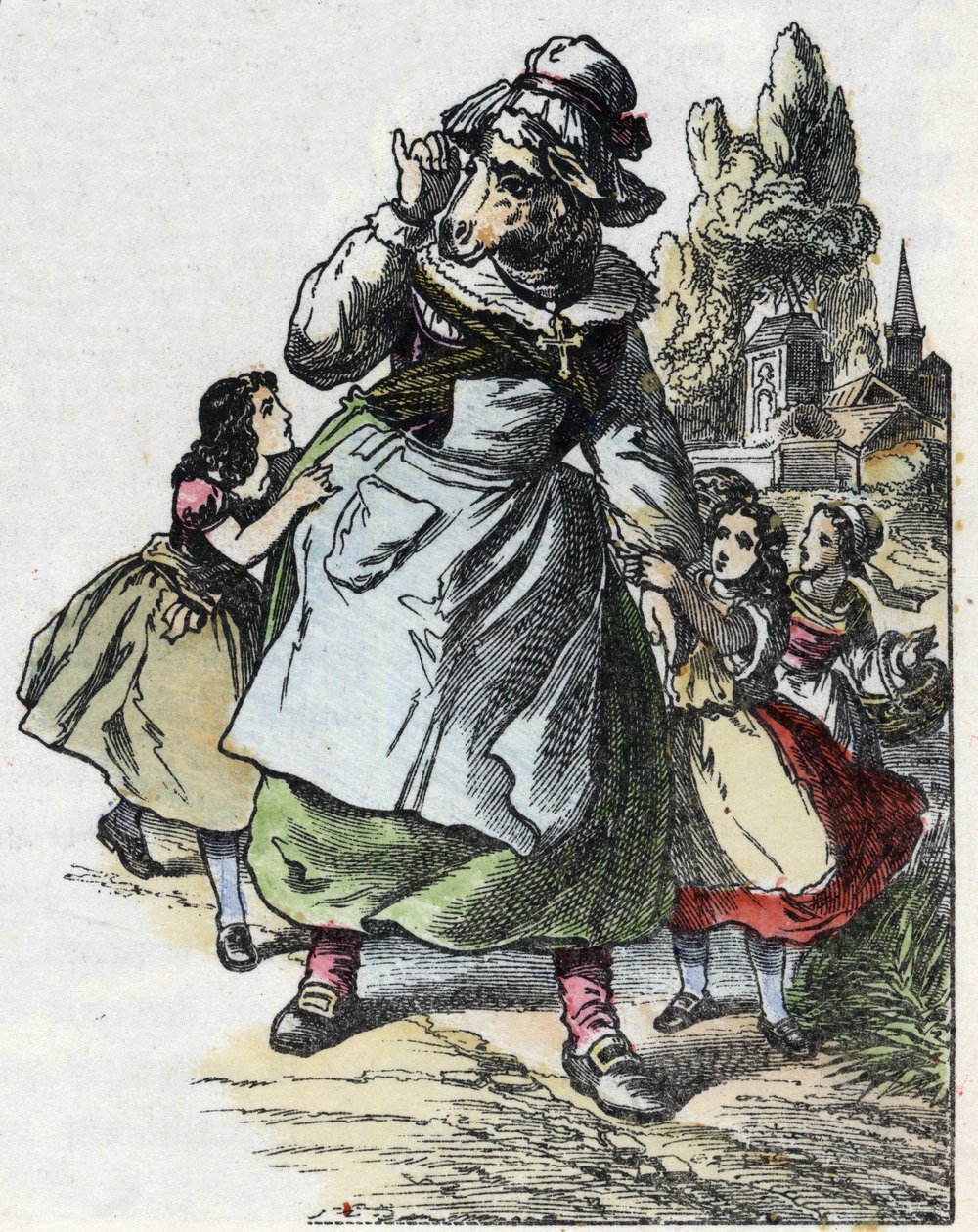 Illustrazione della fiaba "Buona Mamma Pecora". In "Fiabe dalla casa per i piccoli". Incisione anonima del XIX secolo da Unknown artist