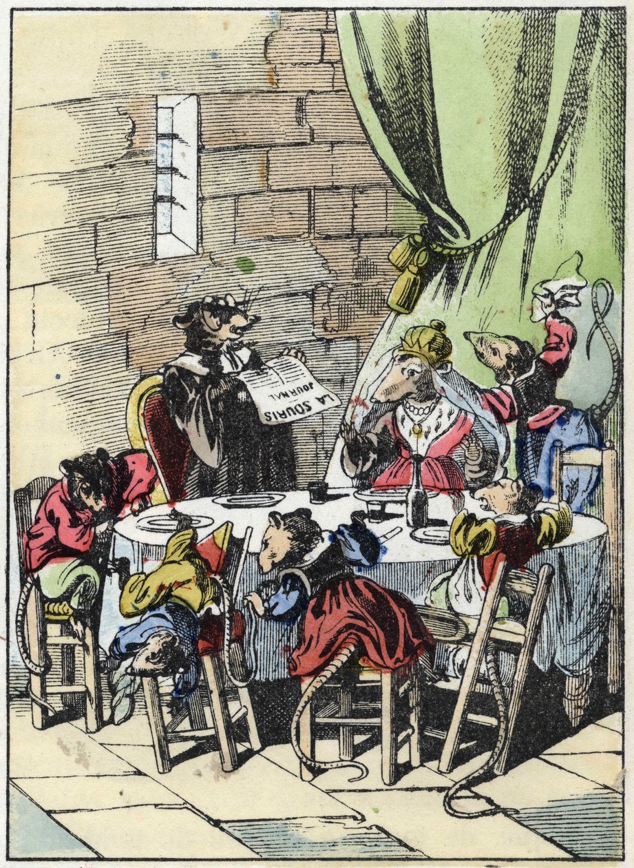 Illustrazione della fiaba "Il terribile Raminagrobis e i topi". In "Fiabe della casa per i piccoli". Incisione anonima del XIX secolo da Unknown artist