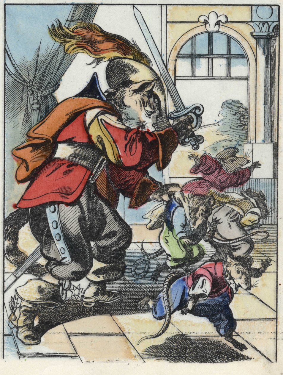 Illustrazione del racconto "Il terribile Raminagrobis e i topi" personaggio tratto dalle favole di Jean de la Fontaine. In "Tales from the home for the little ones". Incisione anonima del XIX secolo da Unknown artist