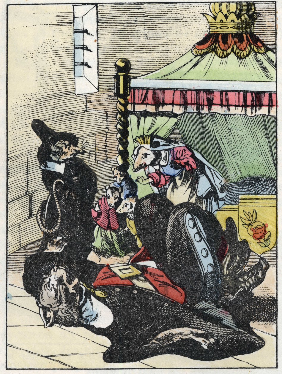 Illustrazione del racconto "Il terribile Raminagrobis e i topi" personaggio tratto dalle favole di Jean de la Fontaine. In "Tales from the home for the little ones". Incisione anonima del XIX secolo da Unknown artist
