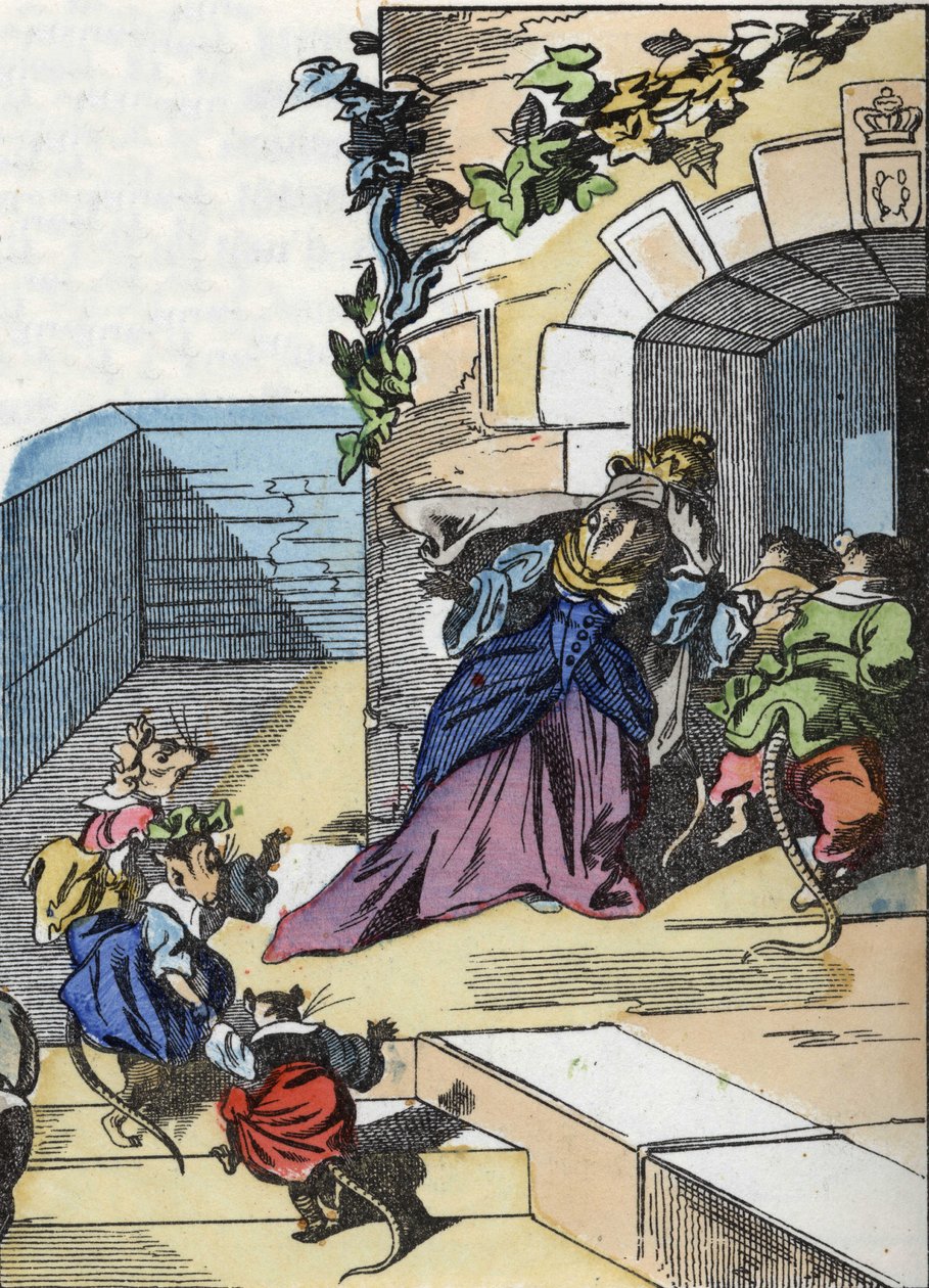 Illustrazione del racconto "Il terribile Raminagrobis e i topi" personaggio tratto dalle favole di Jean de la Fontaine. In "Tales from the home for the little ones". Incisione anonima del XIX secolo da Unknown artist
