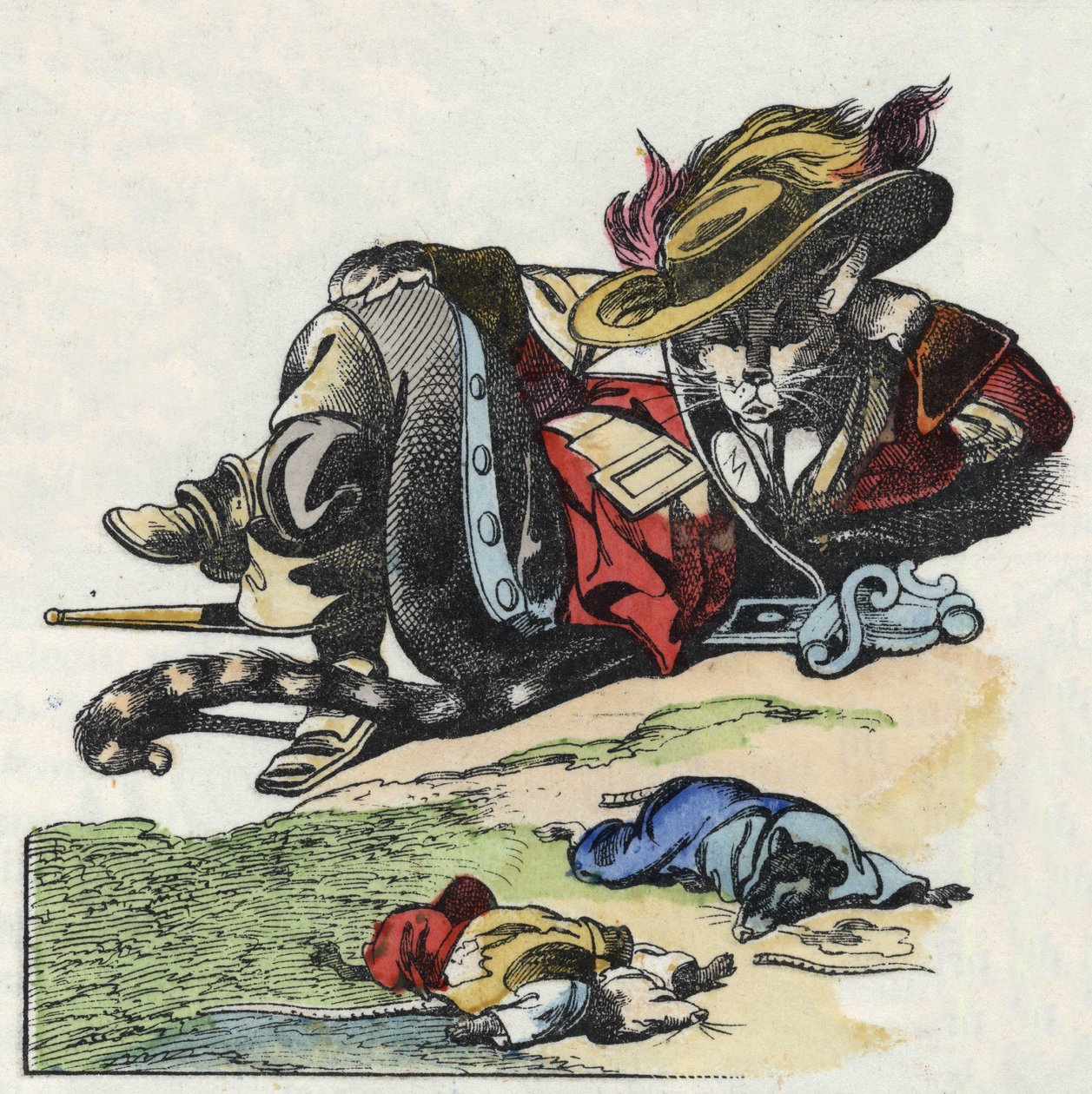 Illustrazione del racconto "Il terribile Raminagrobis e i topi". Personaggio tratto dalle favole di Jean de la Fontaine. In "Racconti dalla casa per i piccoli". Incisione anonima del XIX secolo da Unknown artist