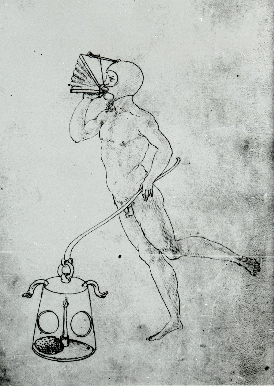 In un volume di Francesco di Giorgio appare questo disegno che raffigura un mantice per respirare sott