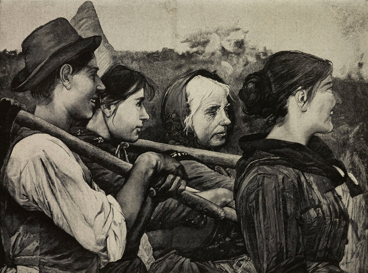 Nei campi, dipinto di Egisto Ferroni (1835-1912), incisione di F Cantagalli da una fotografia di G Brogi da L