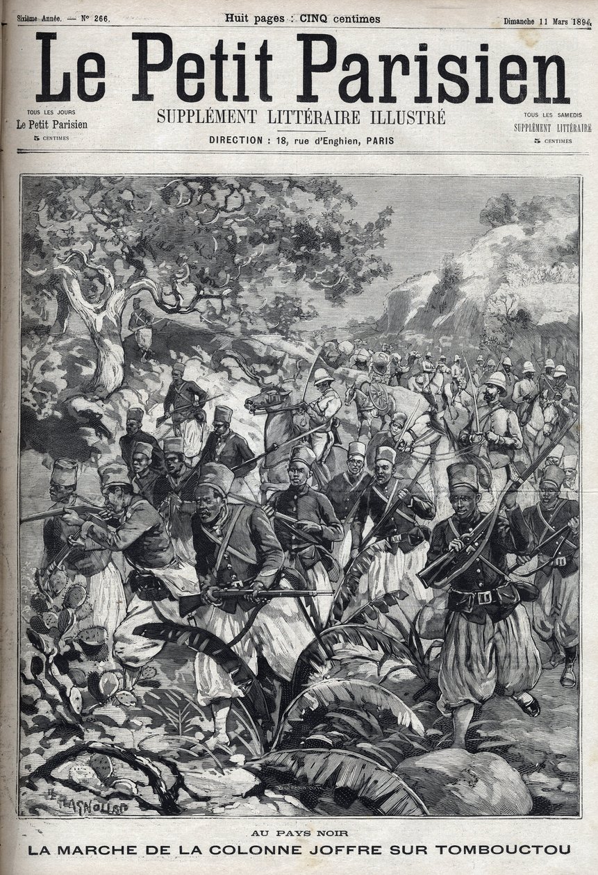 Nelle colonie francesi: la marcia della colonna del generale Joseph Joffre (1852-1931) e del suo esercito di spahis su Timbuktu (Mali). Incisione in "Le Parisien" da Unknown artist
